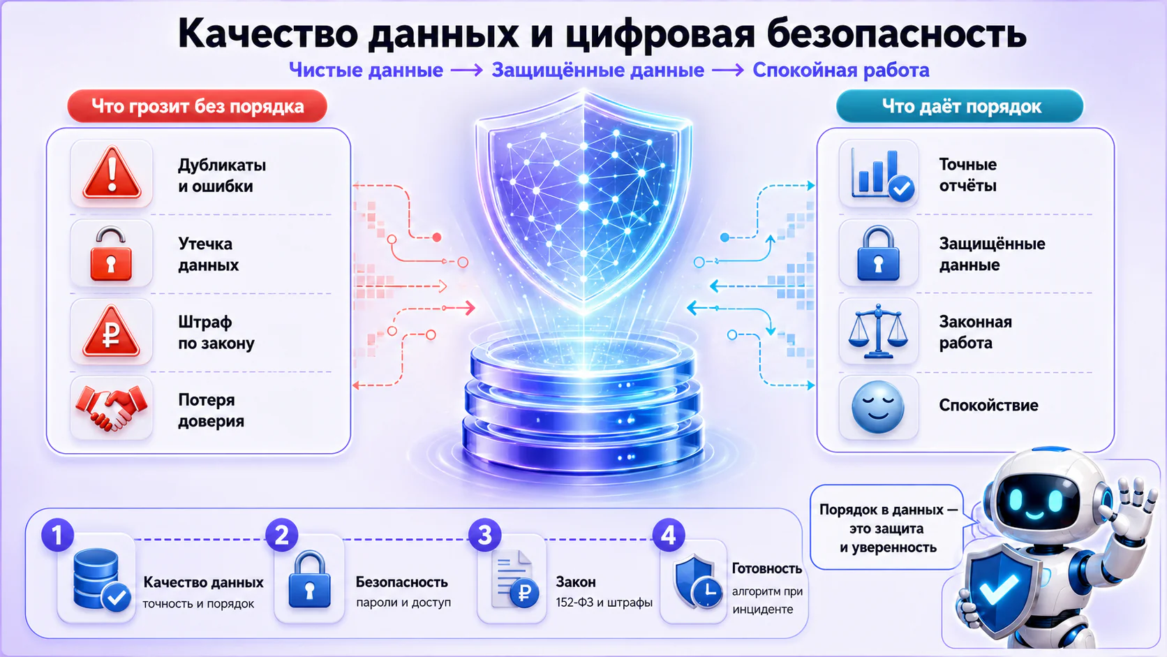Инфографика: путь от разрозненных и уязвимых данных к качественным и защищённым — качество, безопасность, закон, готовность к инциденту