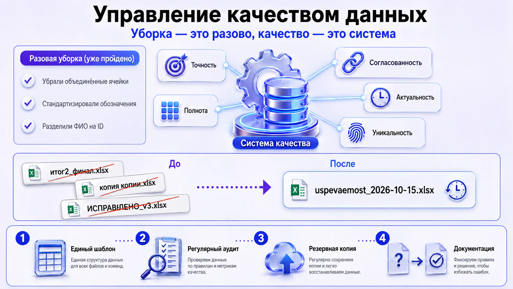 Инфографика управления качеством данных: пять признаков — точность, полнота, согласованность, актуальность, уникальность — и переход от хаоса файлов к системе