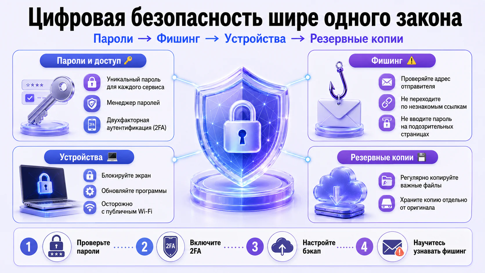 Инфографика цифровой гигиены: пароли и двухфакторная аутентификация, распознавание фишинга, безопасность устройств, резервное копирование
