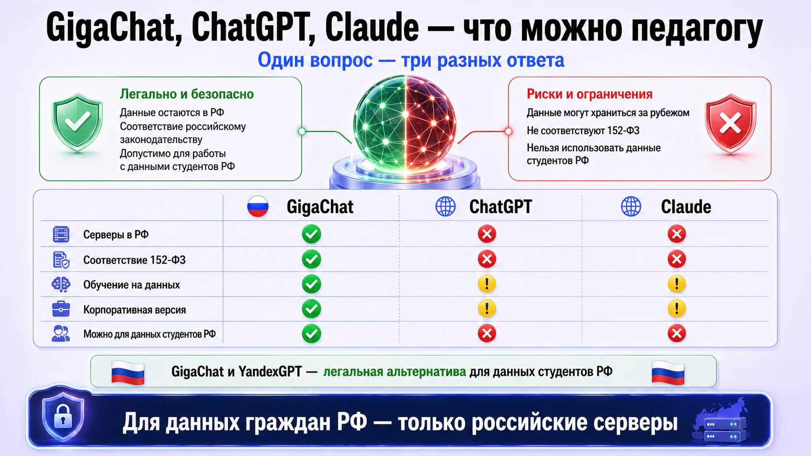 Инфографика-скоркарта: GigaChat, ChatGPT и Claude по пяти критериям с цветными индикаторами можно/нельзя