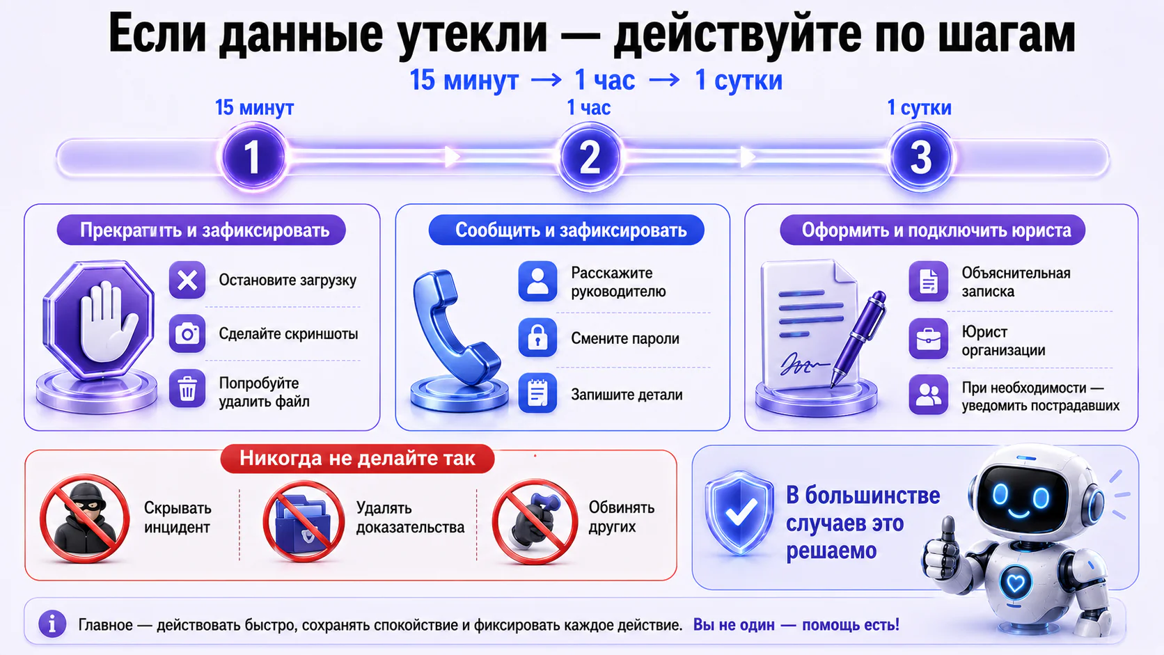 Инфографика: что делать при утечке данных — первые 15 минут, первый час, первые сутки и чего не делать никогда