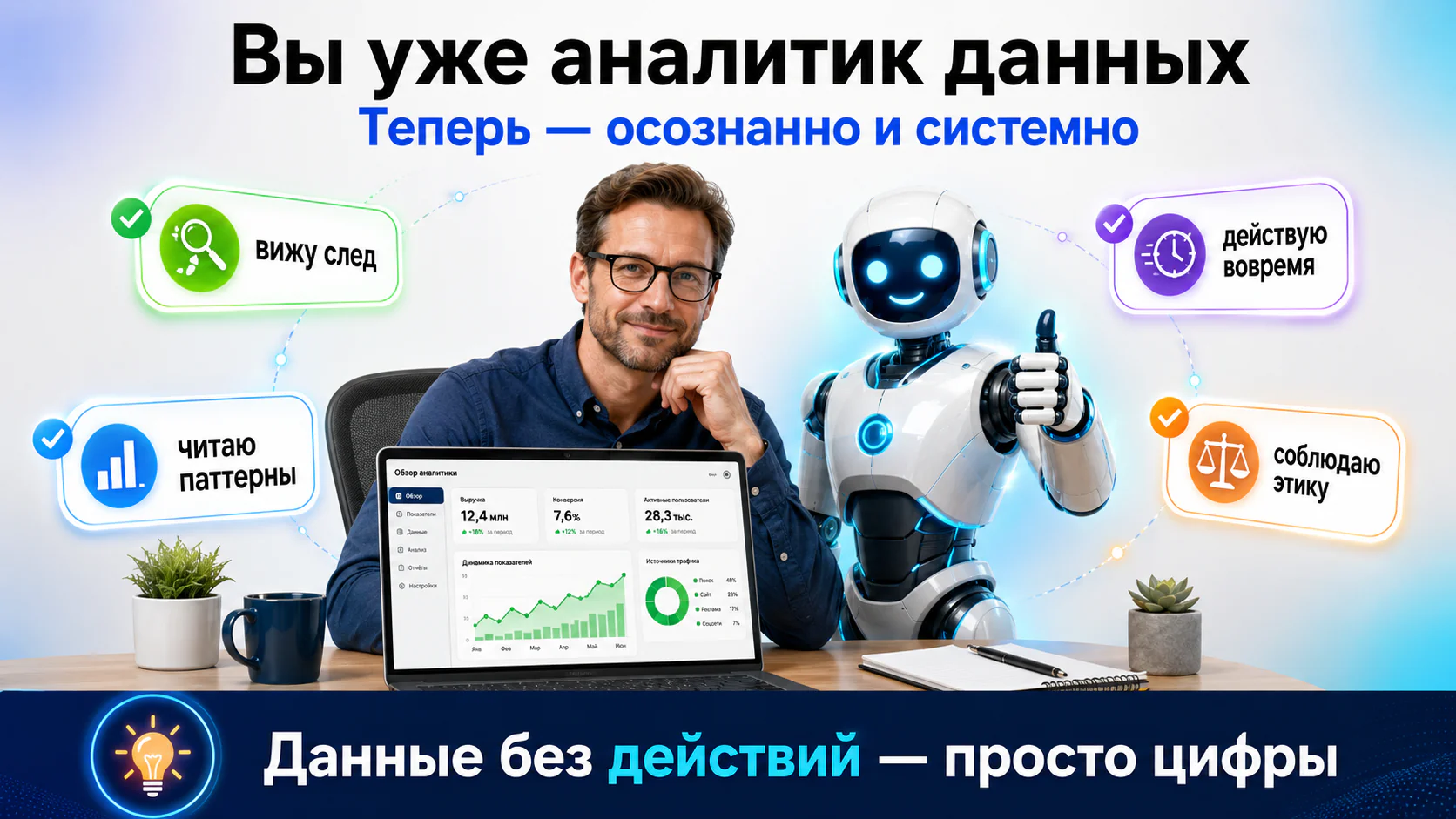 Уверенный преподаватель с дашбордом и ИИ-робот: вижу след, читаю паттерны, действую вовремя, соблюдаю этику