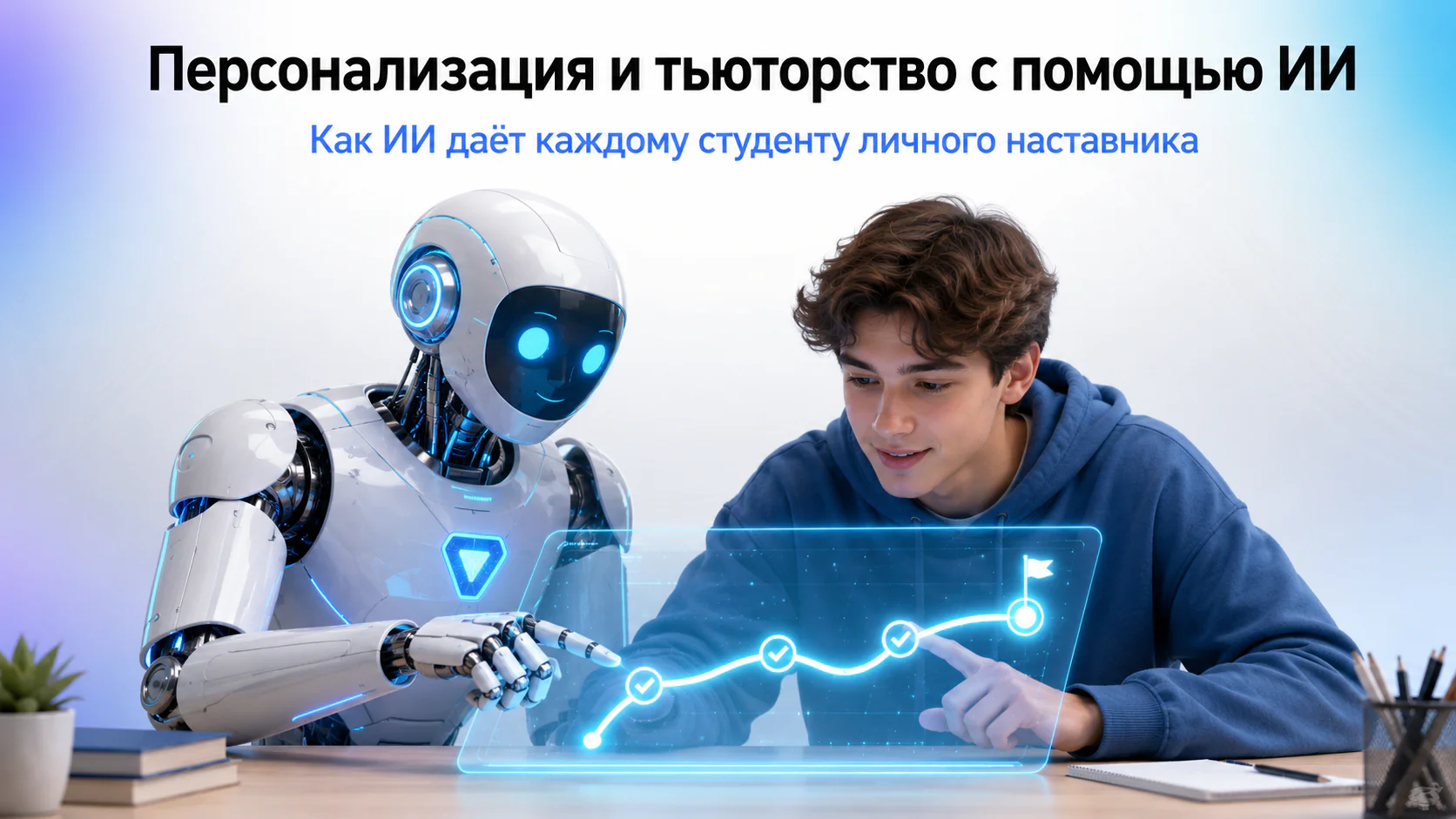 ИИ-тьютор и студент за партой смотрят на голографический экран с прогрессом обучения